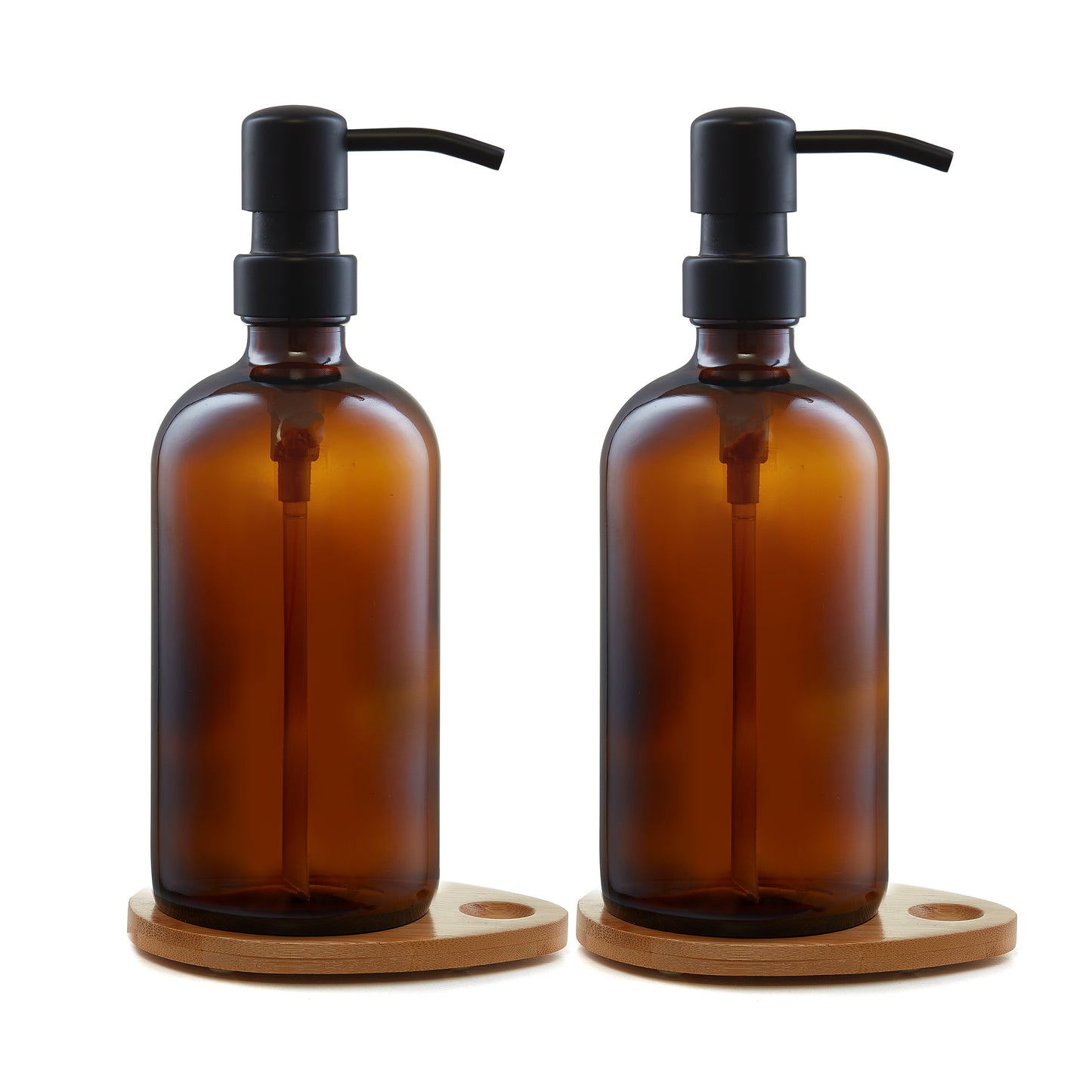 Set of two 500ml refillable amber glass pump bottles with bamboo drip trays